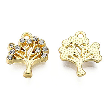 Rack Plating Alloy Charms, with Crystal Rhinestone, Cadmium Free & Nickel Free & Lead Free, Tree of Life, Light Gold, 15.5x13x2.5mm, Hole: 1.2mm