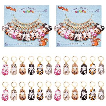12Pcs 6 Style Alloy Enamel Cat Charms Locking Stitch Markers, with Gold Tone 304 Stainless Steel Leverback Earring Findings, Mixed Color, 4.2cm, 2pcs/style