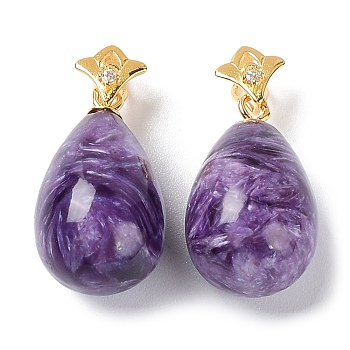 Natural Charoite Pendants, Teardrop Charms, with Golden Plated Flower 925 Sterling Rhinestone Snap on Bails, 18.5x10mm, Hole: 4x2.5mm