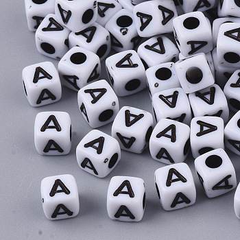 White Opaque Acrylic Beads, Horizontal Hole, Cube with Black Alphabet, Letter.A, 4~5x4~5x4~5mm, Hole: 1.8mm, about 6470~6500pcs/500g