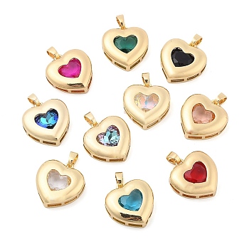 Rack Plating Brass Pendants, Glass Charms, Long-Lasting Plated, Cadmium Free & Lead Free, Real 18K Gold Plated, Heart, Mixed Color, 21.5x20x6mm, Hole: 3x5.5mm