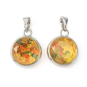 Plastic Floating Charms Brass Pendants, with Faceted Glass Cabochons, Flat Round, Platinum, 33x22x9.5mm, Hole: 7x5mm