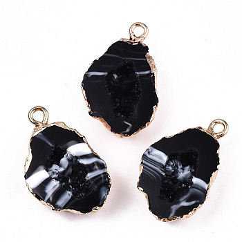 Druzy Geode Resin Pendants, with Edge Light Gold Plated Iron Loops, Nuggets, Black, 25~26x15x7mm, Hole: 1.8mm
