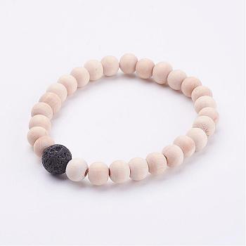 Wood Beads Stretch Bracelets, with Natural Lava Rock Beads, BurlyWood, 2-1/8 inch(54mm)