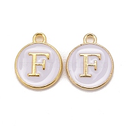 Golden Plated Alloy Charms, Cadmium Free & Lead Free, with Enamel, Enamelled Sequins, Flat Round with Letter, White, Letter.F, 14x12x2mm, Hole: 1.5mm(X-ENAM-S118-01F)