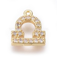 Golden Plated Brass Micro Pave Cubic Zirconia Charms, Twelve Constellations, Libra, 9x8x1.7mm, Hole: 0.8mm(X-ZIRC-L075-51G)