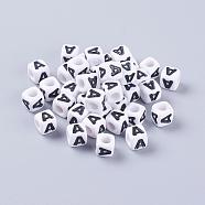 Letter Acrylic Beads, Cube, White, Letter A, Size: about 7mm wide, 7mm long, 7mm high, hole: 3.5mm, about 2000pcs/500g(PL37C9129-A)
