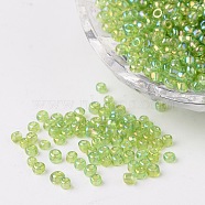 Round Trans. Colors Rainbow Glass Seed Beads, Green Yellow, Size: about 3mm in diameter, hole: 1mm, about 1102pcs/50g(X-SEED-A007-3mm-164)