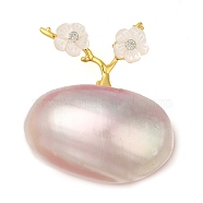 Oval & Peach Blossom Dyed Natural White Shell Brooches for Women, with Brass & Rhinestone, Real Gold Plated, Flamingo, 33x36x12.5mm(JEWB-E031-01G-01)