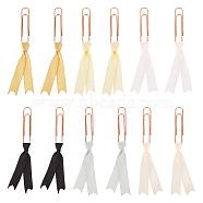 Iron Long Paper Clips, Tie Polyester Satin Ribbon Pendant Paper Clip, Mixed Color, 110mm, 6 colors, 2pcs/color, 12pcs/set(AJEW-AB00066)