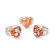 Natural Red Aventurine Adjustable Rings, Platinum Tone Heart with Flower Brass Rings for Women, Cadmium Free & Lead Free, US Size 6 3/4(17.1mm), 4.5~9mm(RJEW-P043-03P-09)