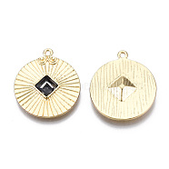 Alloy Pendants, with Glass, Cadmium Free & Lead Free, Flat Round with Rhombus, Light Gold, Black, 29x25.5x5mm, Hole: 1.8mm(PALLOY-N157-043)