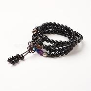 Yoga Chakra Jewelry, Natural Black Agate Beads Wrap Bracelets, Four Loops, with Alloy Findings, 29.4 inch(74.8cm)(BJEW-G554-05D)