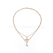 Brass Cable Chains & 304 Stainless Steel Satellite Chains Double Layered Necklace, Shell Pearl & Cubic Zirconia Star Pendants Necklace for Women, Golden, 16.54 inch(42cm)(NJEW-JN04025)
