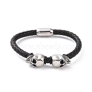 304 Stainless Steel Skull Beaded Bracelet with Magnetic Clasps, Black Leather Braided Cord Punk Wristband for Men Women, Stainless Steel Color, 8-3/8 inch(21.3cm)(BJEW-P275-26P)