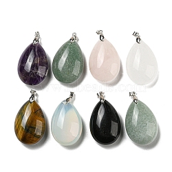 Natural & Synthetic Mixed Gemstone Pendants, Teardrop Charms, with Rack Plating Platinum Plated Brass Pinch Bails, Lead Free & Cadmium Free, 41~42x23~24x13~14.5mm, Hole: 4x3.5mm(G-H291-02P)