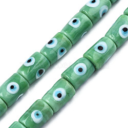 Handmade Evil Eye Lampwork Beads, Column, Medium Aquamarine, 14x10mm, Hole: 1.2mm, about 25pcs/strand, 13.98 inch(35.5cm)(LAMP-N029-013F)