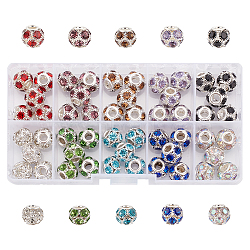 50Pcs 10 Colors Brass Rhinestone European Beads, Round Large Hole Beads, Mixed Color, 12x10mm, Hole: 4mm, 5pcs/color(RB-NB0001-23)