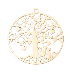 Rack Plating Brass Pendants, Long-Lasting Plated, Hollow, Flat Round with Tree of Life & Cat Charm, Light Gold, 33.5x30.5x0.3mm, Hole: 1.9mm(KK-H454-01G)