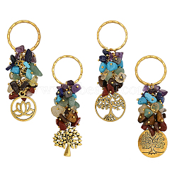 4Pcs 4 Style Chakra Natural Gemstone Chip Pendant Keychain, with Iron Findings and Alloy Pendants, Tree of Life & Lotus, Antique Golden, 80.5~85mm, 1pc/style(KEYC-CA0001-41)