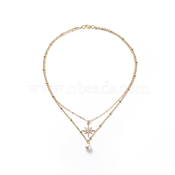 Brass Cable Chains & 304 Stainless Steel Satellite Chains Double Layered Necklace, Natural Shell Pearl & Cubic Zirconia Star Pendants Necklace for Women, Golden, 16.54 inch(42cm)(NJEW-JN04025)
