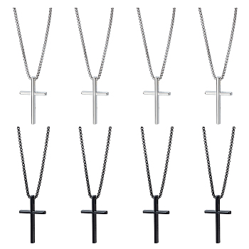 8Pcs 2 Colors Alloy Cross Pendant 667 Stainless Steel Box Chain Necklaces, Mixed Color, 23.58~23.90 inch(59.9~60.7cm), 4pcs/color