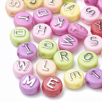 Opaque Acrylic Beads, Metal Enlaced, Horizontal Hole, Flat Round, Mixed Letters, Mixed Color, 9.5~10x6mm, Hole: 2mm