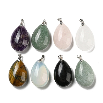 Natural & Synthetic Mixed Gemstone Pendants, Teardrop Charms, with Rack Plating Platinum Plated Brass Pinch Bails, Lead Free & Cadmium Free, 41~42x23~24x13~14.5mm, Hole: 4x3.5mm