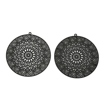 Spray Painted 430 Stainless Steel Pendants, Etched Metal Embellishments, Flat Round with Flower Charm, Black, 45x43x0.3mm, Hole: 1.2mm