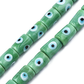 Handmade Evil Eye Lampwork Beads, Column, Medium Aquamarine, 14x10mm, Hole: 1.2mm, about 25pcs/strand, 13.98 inch(35.5cm)
