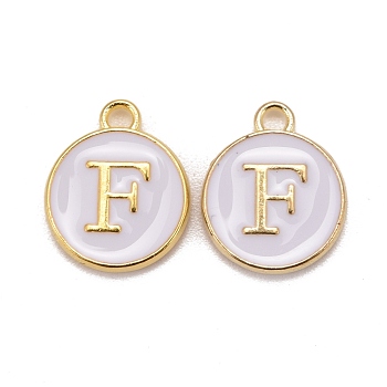 Golden Plated Alloy Charms, Cadmium Free & Lead Free, with Enamel, Enamelled Sequins, Flat Round with Letter, White, Letter.F, 14x12x2mm, Hole: 1.5mm