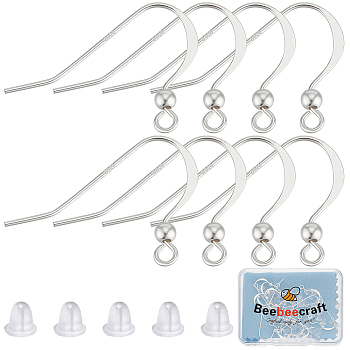 10 Pairs 925 Sterling Silver Earring Hooks, French Hooks with Ball, 50Pcs Plastic Ear Nuts, Silver, 17x22x2.5mm, Hole: 2mm, 22 Gauge, Pin: 0.6mm