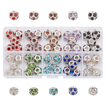 50Pcs 10 Colors Brass Rhinestone European Beads, Round Large Hole Beads, Mixed Color, 12x10mm, Hole: 4mm, 5pcs/color