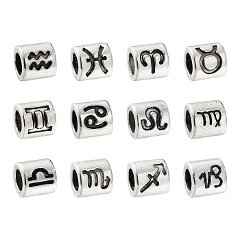 120Pcs 12 Style Alloy European Beads, Large Hole Beads, Column, Antique Silver, 12 Constellations, 7.5x7mm, Hole: 4.5mm, 10pcs/style