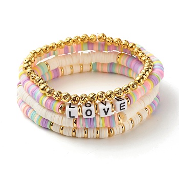 Polymer Clay Heishi Beads Bracelets Set, Natural Lava Rock Beads Stone Bracelets, Love Word Acrylic Beads Bracelets for Women Girl, Violet, Inner Diameter: 2-1/4~2-1/2  inch(5.8~6.5cm), 4Pcs/set