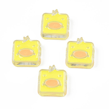 Transparent Acrylic Beads, with Enamel, Square with Duck, Champagne Yellow, 24x23x8mm, Hole: 3mm