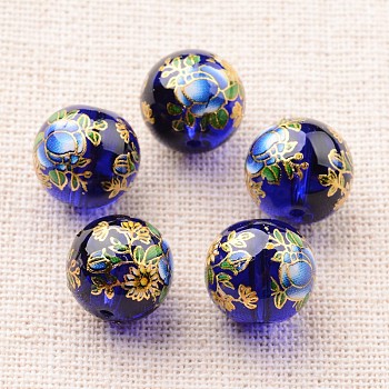 Flower Picture Printed Glass Round Beads, Dark Blue, 12mm, Hole: 1mm
