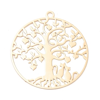 Rack Plating Brass Pendants, Long-Lasting Plated, Hollow, Flat Round with Tree of Life & Cat Charm, Light Gold, 33.5x30.5x0.3mm, Hole: 1.9mm