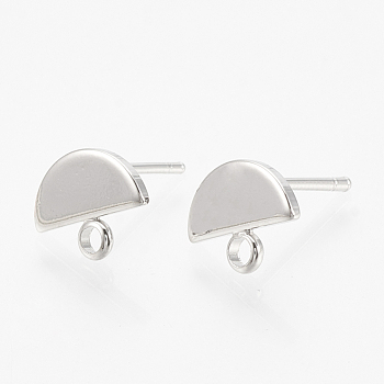 Brass Stud Earring Findings, Semicircle, Nickel Free, Real Platinum Plated, 8x10x1mm, Hole: 1.5mm, Pin: 0.8mm