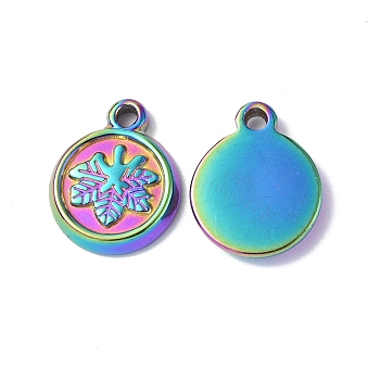 Ion Plating(IP) 304 Stainless Steel Charms, Flat Round with Leaf Charm, Rainbow Color, 13.5x11x2mm, Hole: 1.5mm