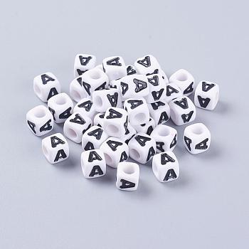 Letter Acrylic Beads, Cube, White, Letter A, Size: about 7mm wide, 7mm long, 7mm high, hole: 3.5mm, about 2000pcs/500g