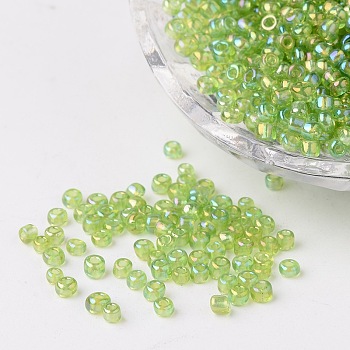 Round Trans. Colors Rainbow Glass Seed Beads, Green Yellow, Size: about 3mm in diameter, hole: 1mm, about 1102pcs/50g