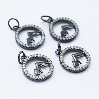 Brass Micro Pave Cubic Zirconia Pendants, Lead Free & Nickel Free & Cadmium Free, Hollow Flat Round with Mountain, Gunmetal, 14x12x2mm, Hole: 3.5mm