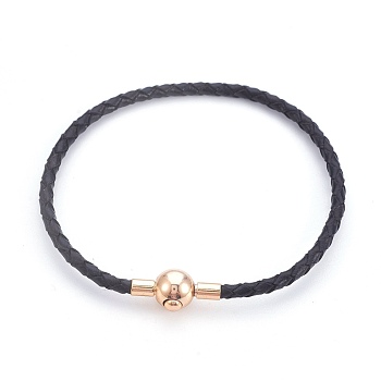 Braided Braided Leather Cord Bracelet Making, with Brass Clasps, Golden, Black, 7-7/8 inch(19.9cm), 3mm