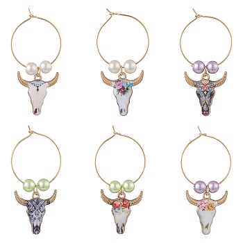 Alloy Enamel Wine Glass Charms, with Brass 
Hoops, Cattle, Mixed Color, 50mm, 6pcs/set