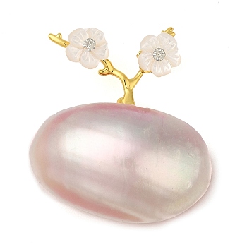 Oval & Peach Blossom Dyed Natural White Shell Brooches for Women, with Brass & Rhinestone, Real Gold Plated, Flamingo, 33x36x12.5mm