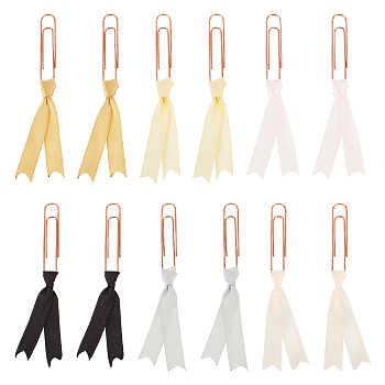 Iron Long Paper Clips, Tie Polyester Satin Ribbon Pendant Paper Clip, Mixed Color, 110mm, 6 colors, 2pcs/color, 12pcs/set
