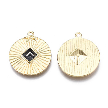 Alloy Pendants, with Glass, Cadmium Free & Lead Free, Flat Round with Rhombus, Light Gold, Black, 29x25.5x5mm, Hole: 1.8mm