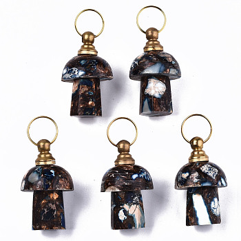 Assembled Synthetic Bronzite and Imperial Jasper Openable Perfume Bottle Pendants, with Light Gold Brass Findings, Dyed, Mushroom, Steel Blue, Capacity: 1ml(0.03 fl. oz), 34~35x20~21mm, Hole: 10.5mm