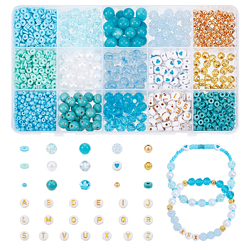 DIY Beads Jewelry Making Finding Kit, Including Brass & Acrylic & Seed & Synthetic Turquoise & Polymer Clay & Iron Corrugated Beads, Round & Flat Round & Disc, Turquoise